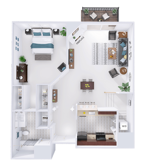 Floor plan for 1 bed, 2 baths, 1281 sqft